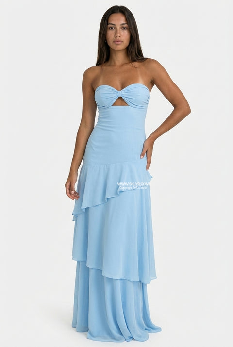 Sky Blue Strapless Tiered Maxi Dress