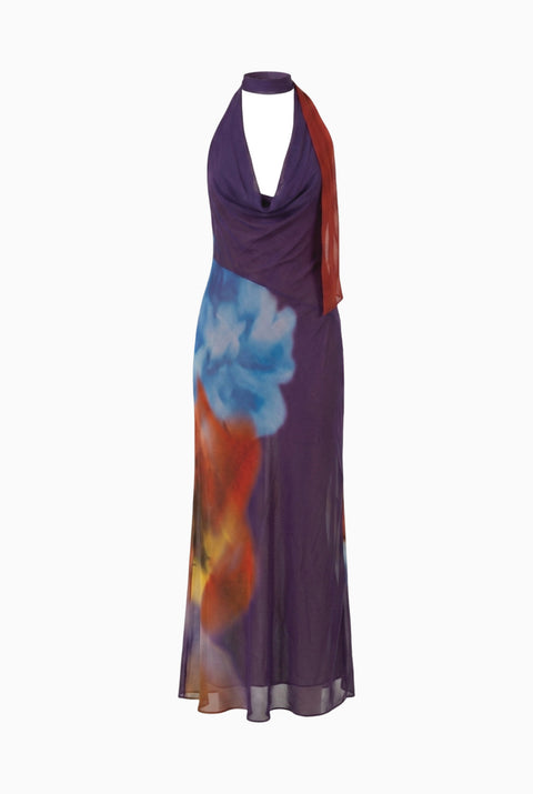 Plum Abstract Floral Halter Maxi Dress