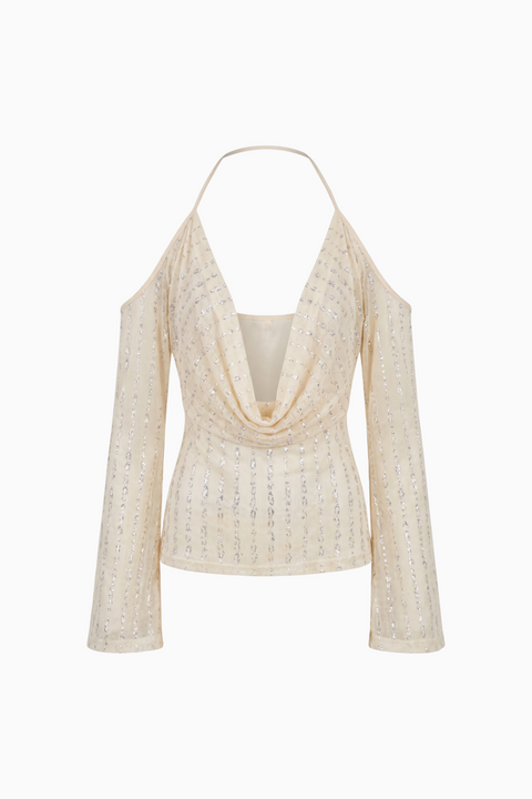 Textured Halter Neck Cold Shoulder Top with Bell Sleeves