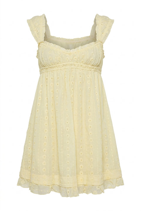 Pale Yellow Eyelet Ruffle Strap Babydoll Mini Dress
