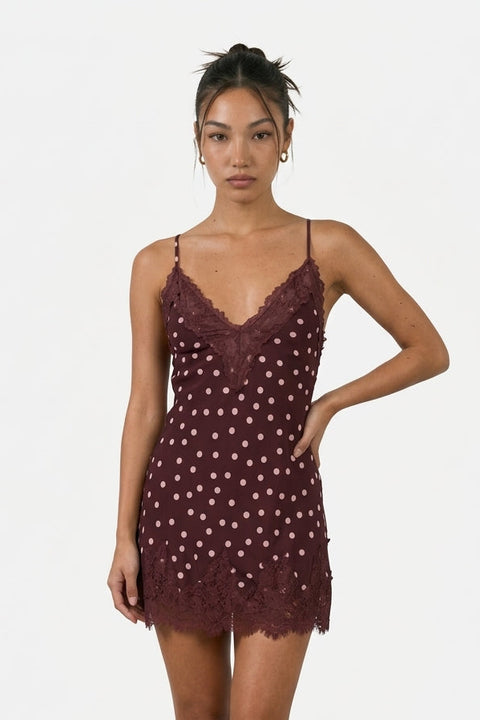Burgundy Polka Dot & Lace Trim Camisole Mini Dress