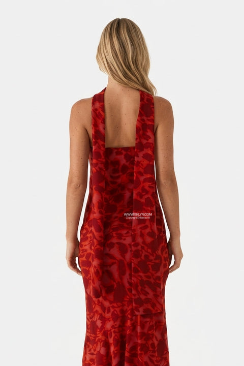 Red Satin Column Maxi Dress