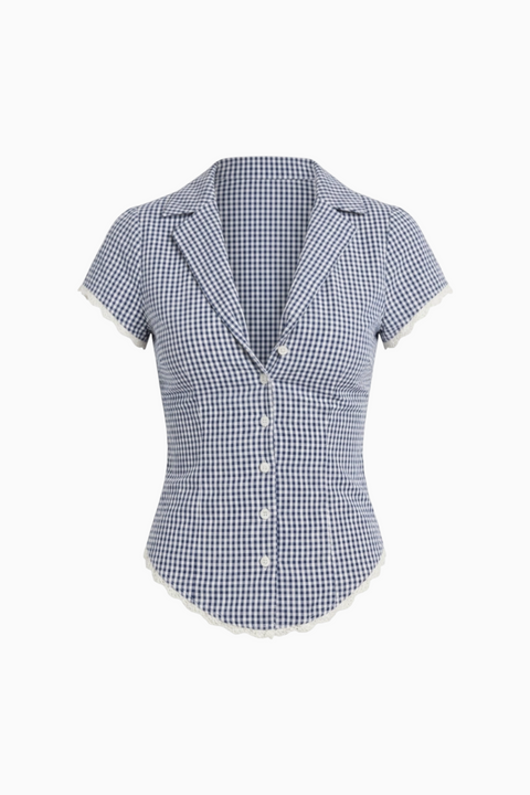 Blue Gingham Short Sleeve Button Top