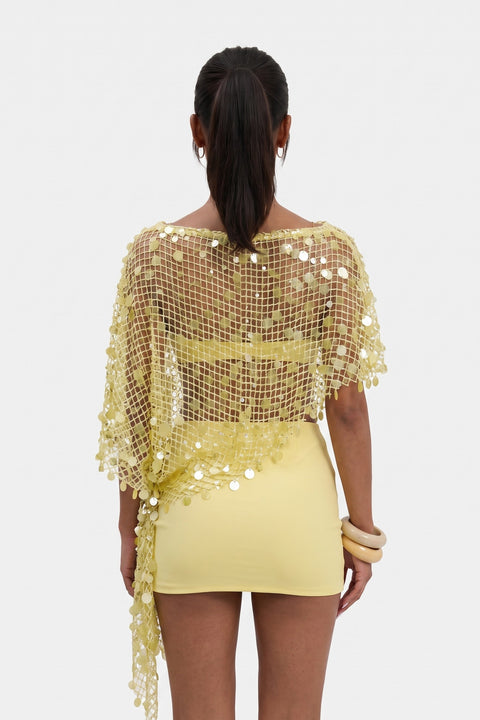 Open-Knit Sequin Cover-Up Top and Mini Skirt Set