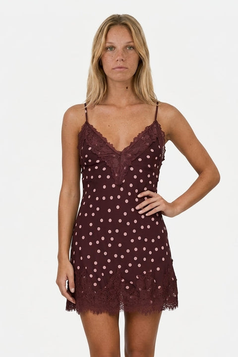 Burgundy Polka Dot & Lace Trim Camisole Mini Dress