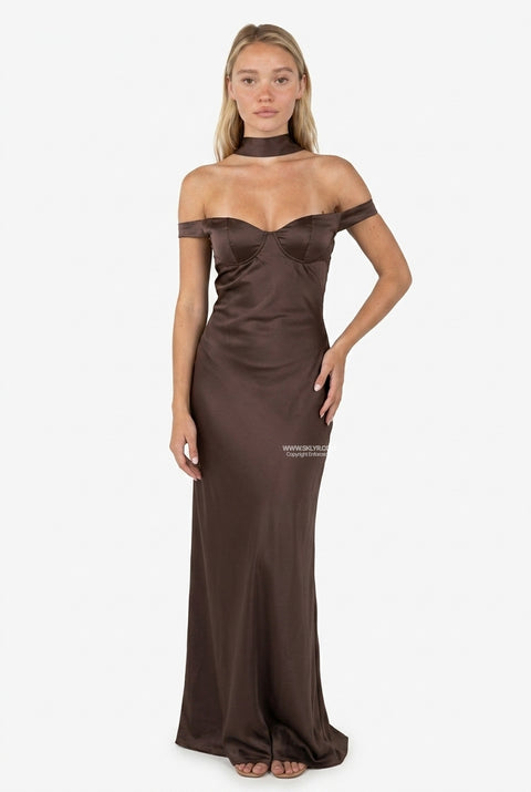 Brown Satin Open-Back Halter Maxi Dress