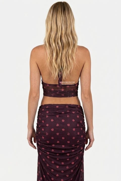 Mesh Polka Dot Halter Crop Top & Skirt Set