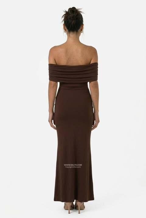 Brown Off-Shoulder Column Maxi Dress
