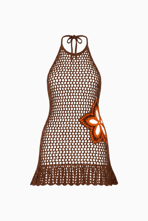 Brown Crochet Halter Mini Dress