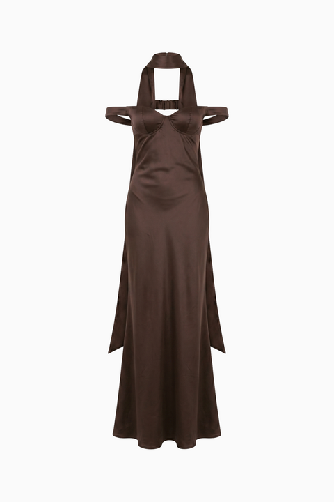 Brown Satin Open-Back Halter Maxi Dress