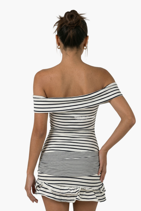 Black & White Striped Off-Shoulder Mini Dress