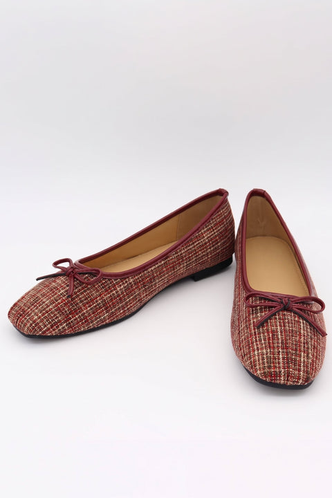 Tweed Bow Ballet Flat Shoes in Burgundy