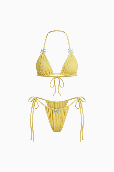 Coquette Ribbed Lemon Floral String Bikini