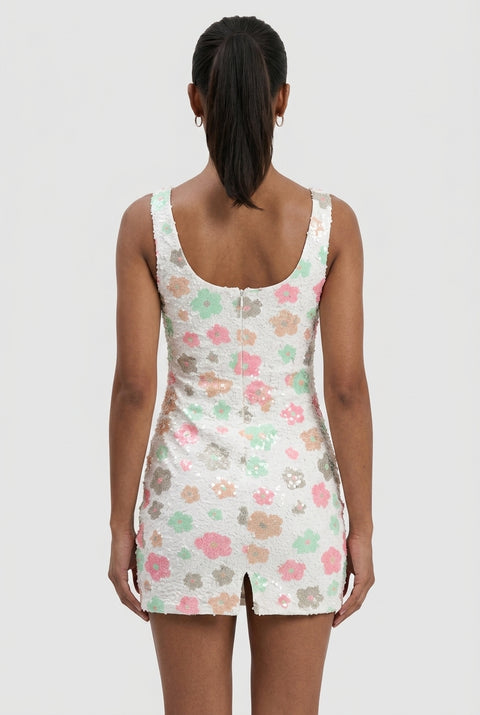 Scoop Neck Embellished Floral Short Dress