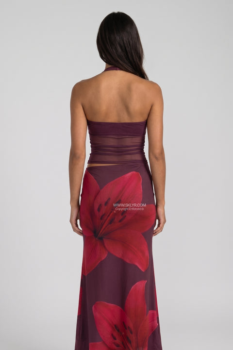 Burgundy Floral Satin Maxi Dress