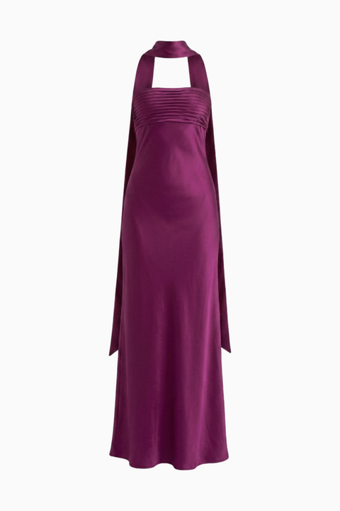 Magenta Satin Open-Back Halter Dress