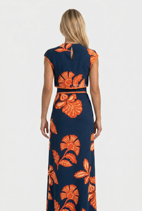 Blue Floral Crop & Skirt Set