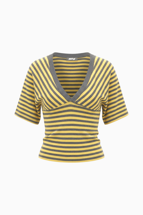 Yellow & Grey Striped V-Neck Crop Top