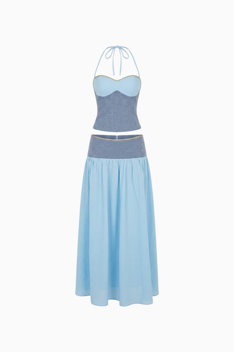 Sky Blue Halter Corset Top & Maxi Skirt Two-Piece Set