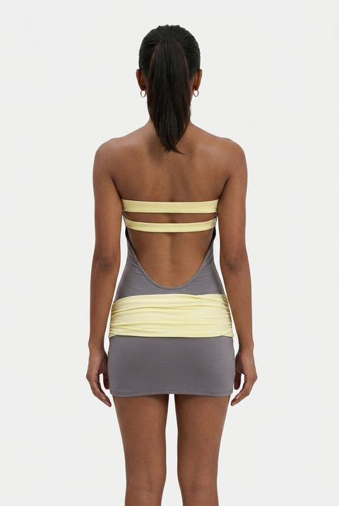 Grey and Yellow Color Block Strapless Mini Dress
