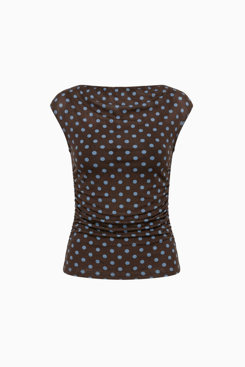 Draped Cowl Neck Polka Dot Top