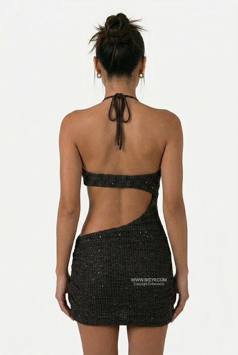 Brown Knit Cutout Halter Mini Dress