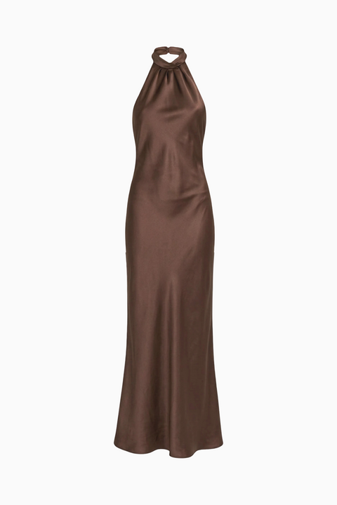 Chocolate Satin Halter Maxi Dress