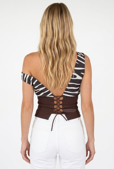 Draped One-Shoulder Zebra Print Top