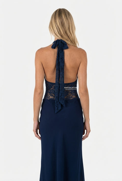 Navy Lace Bodice Halter Maxi Dress