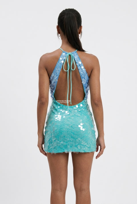 Blue and Aqua Two-Tone Sequin Mini Dress