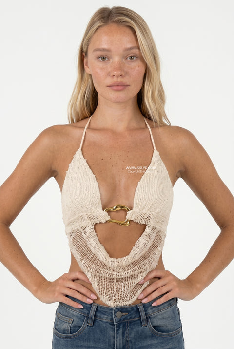 Cream Textured Halter Crop Top