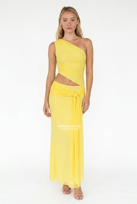 Yellow Ruched One-Shoulder Gown Maxi Dress