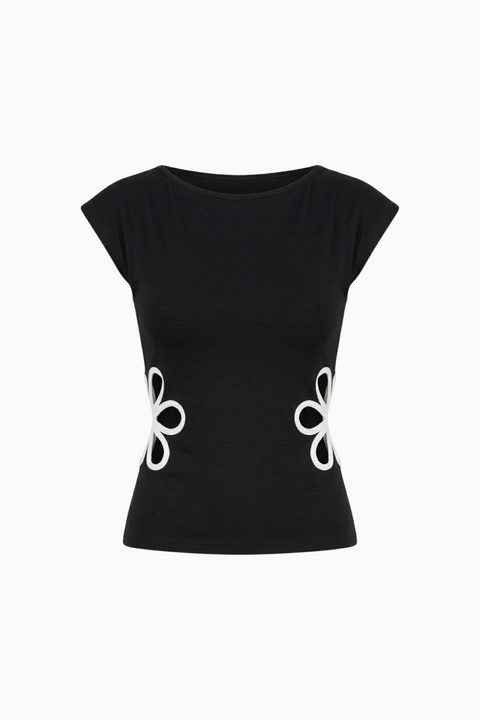Black Cutout Flower Side Detail Short Sleeve Top