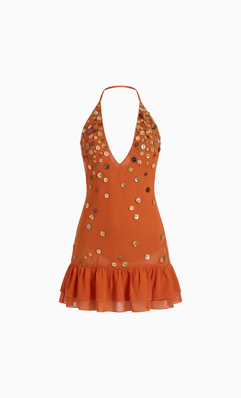 Button-Embellished Halter Mini Dress