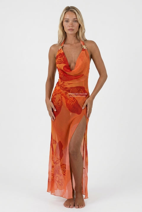 Peach Sheer Halter Maxi Dress