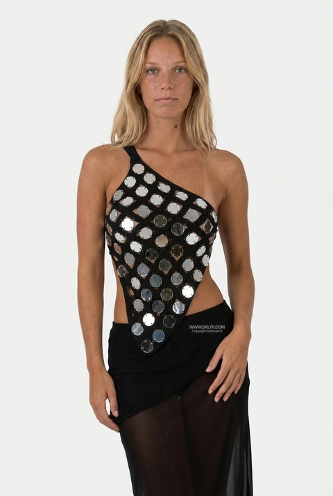 Black & White Polka Dot One-Shoulder Top