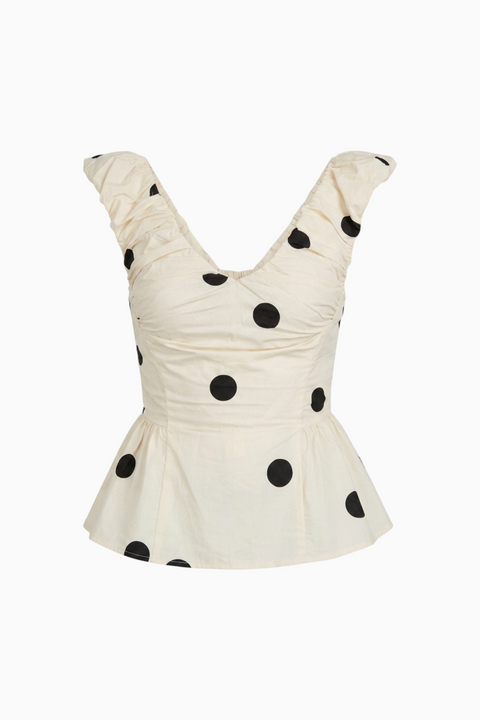 Cream Polka Dot Ruched Peplum Top
