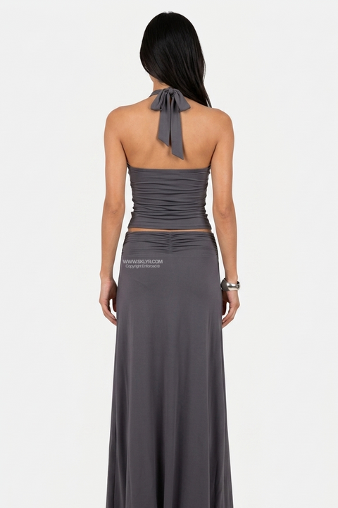 Charcoal Grey Two-Piece Ruched Halter and Maxi Skirt Set