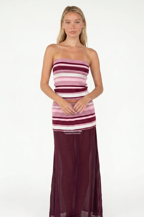 Blue Tonal Striped Knit & Chiffon Set