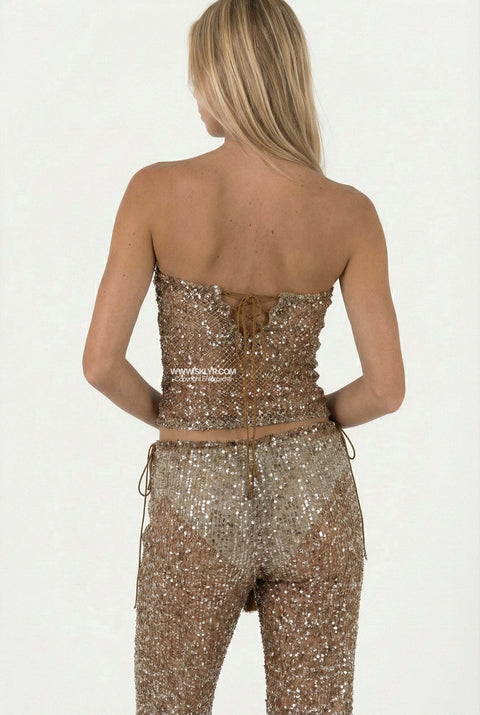 Gold Sequin Wide-Leg Two-Piece Set