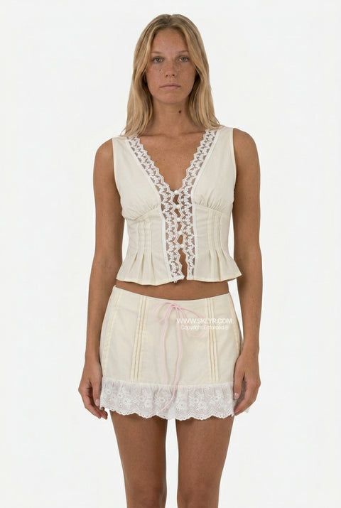 Cream Lace Crochet Top & Skirt Set