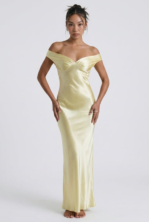 Pale Yellow Off-The-Shoulder Satin Maxi Dress