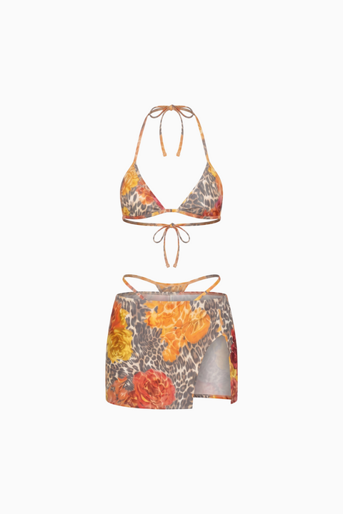 Vibrant Leopard and Floral Mixed Print 3-Piece Swimsuit Set