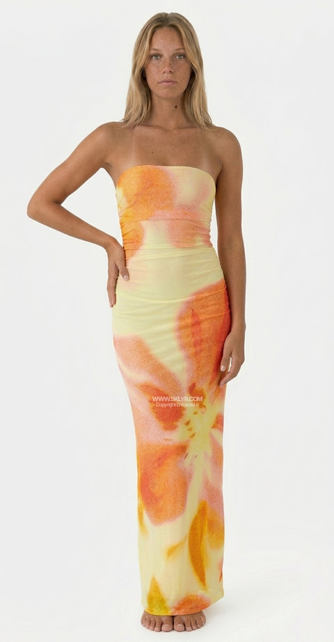 Yellow and Orange Floral Ruched Tube Maxi Dress