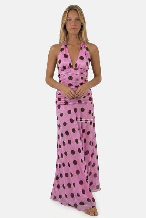 Pink Polka Dot Halter Maxi Dress