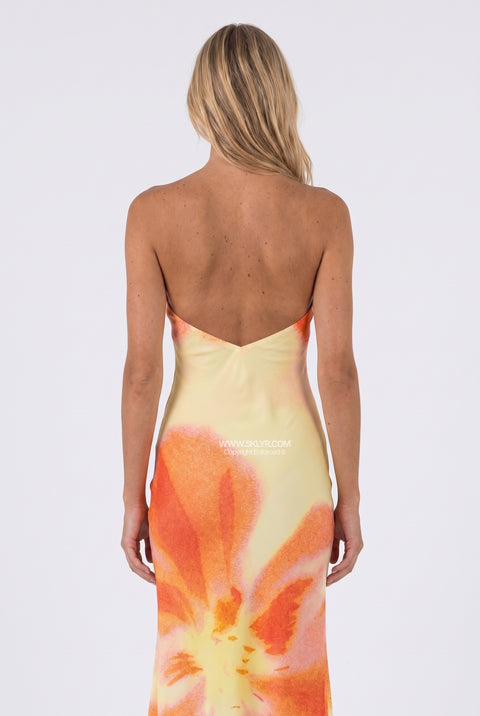 Yellow and Orange Floral Ruched Tube Maxi Dress