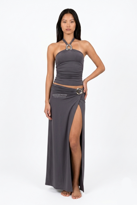 Charcoal Grey Two-Piece Ruched Halter and Maxi Skirt Set