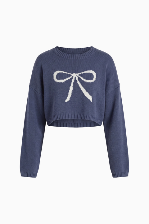 Dusty Blue Crewneck Intarsia Bow Crop Sweater