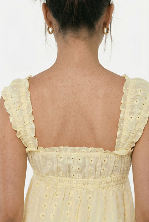 Pale Yellow Eyelet Ruffle Strap Babydoll Mini Dress