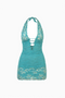 Teal Floral Lace Plunge Halter Mini Dress